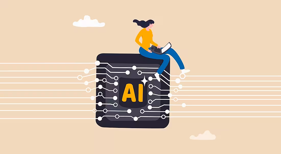 An illustration of a woman using a laptop while sitting on top of a block that resembles a microchip with the letters 'AI' in the middle of it. There are white lines connected to the block and stretching to either side of the image. The image represents the integration of artificial intelligence into the workplace.