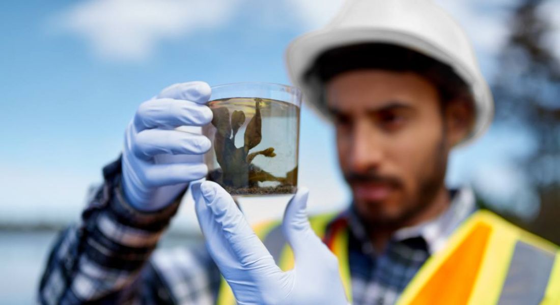 Marine scientist holding up a seaweed specimen in a jar examining it. He is wearing gloves and protective gear.