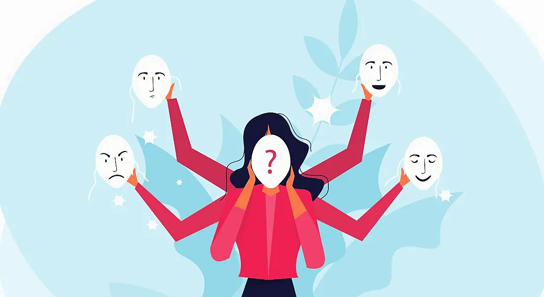 Imposter syndrome cartoon of a woman with a mask with a question mark on it juggling other masks.