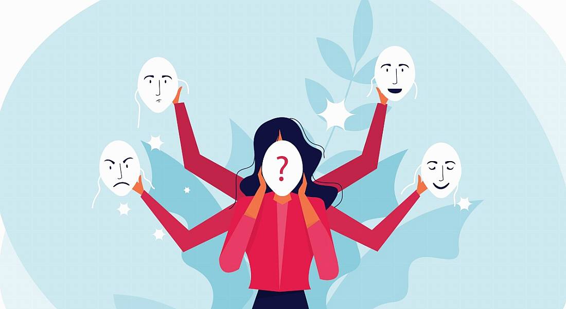 Imposter syndrome cartoon of a woman with a mask with a question mark on it juggling other masks.