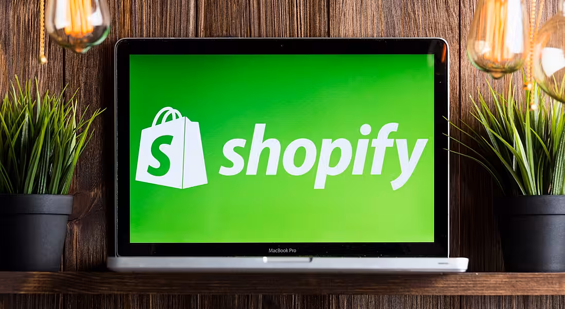 A laptop sitting on a wooden shelf with two potted plants and light bulbs either side. The laptop has the Shopify logo on its screen.