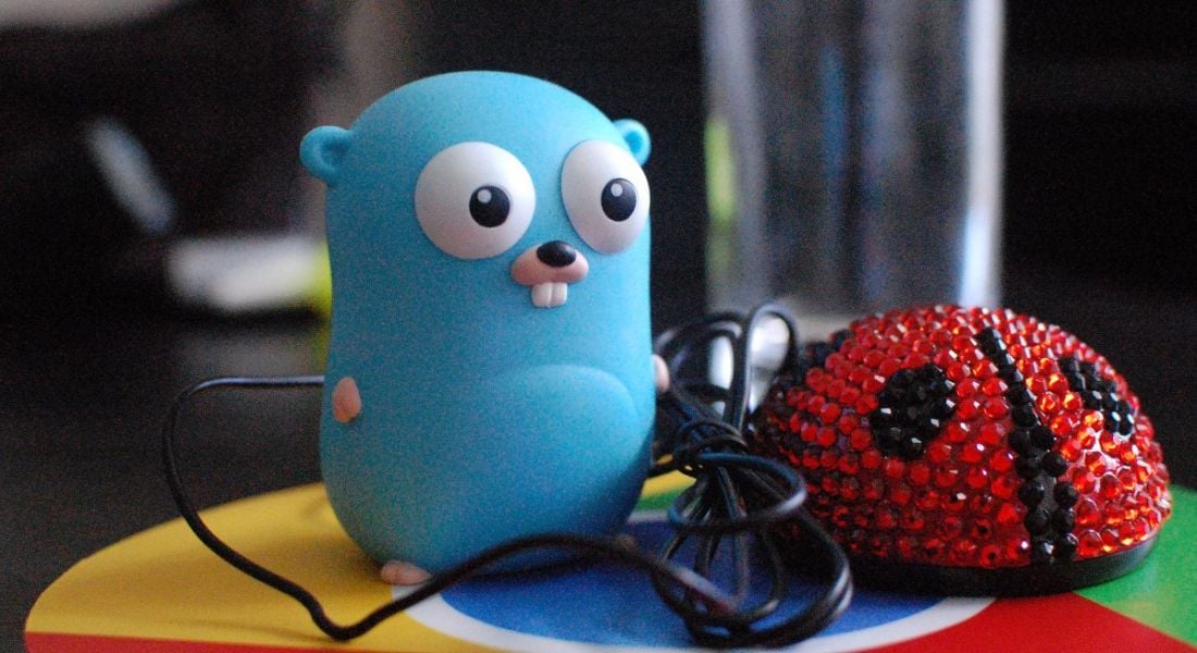 The Golang gopher mascot figurine with a ladybird rhinestone decorated computer mouse sitting on a surface that is designed like the Google Chrome browser logo.