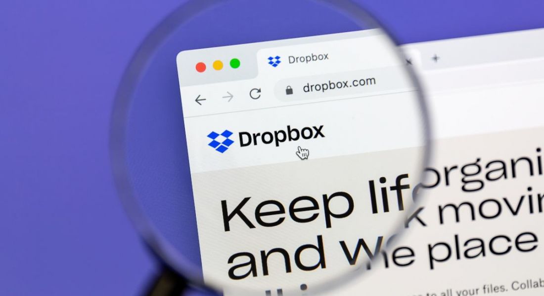 A search engine screen showing the Dropbox homepage with a magnifying glass held up against the screen.