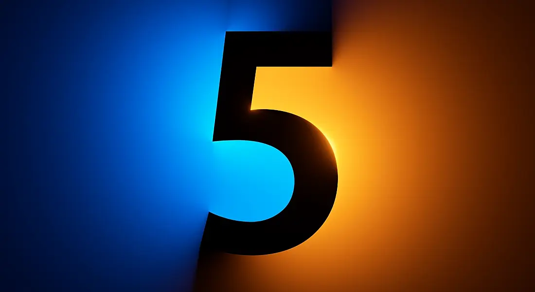 A large and dark number five with a background which consists of two coloured halves. To the left of the number, the background is blue, and to the right of the number, the background is orange.