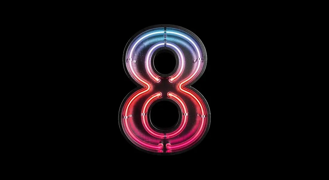 A neon sign that shows the number eight in blue and red coloured lights blending together.