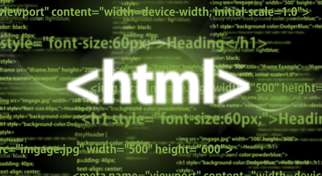 The term html written in neon green lit-up letters on a dark screen background with other neon coding terms on the screen.