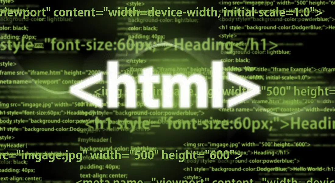 The term html written in neon green lit-up letters on a dark screen background with other neon coding terms on the screen.