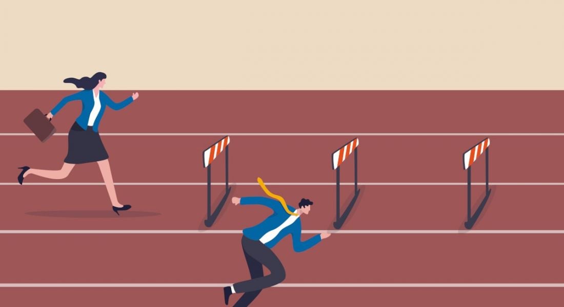 Cartoon representing gender inequality and a man running on a track with a woman running behind and facing hurdles.