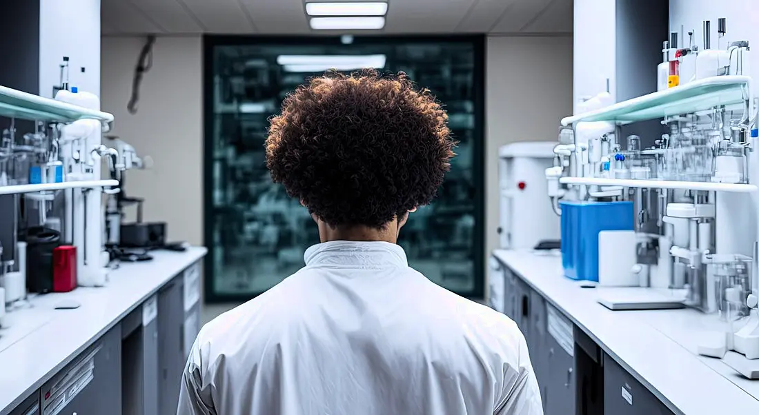 A man in a white lab coat stands with his back to the camera facing a scientific lab with tools and shelving on either side.