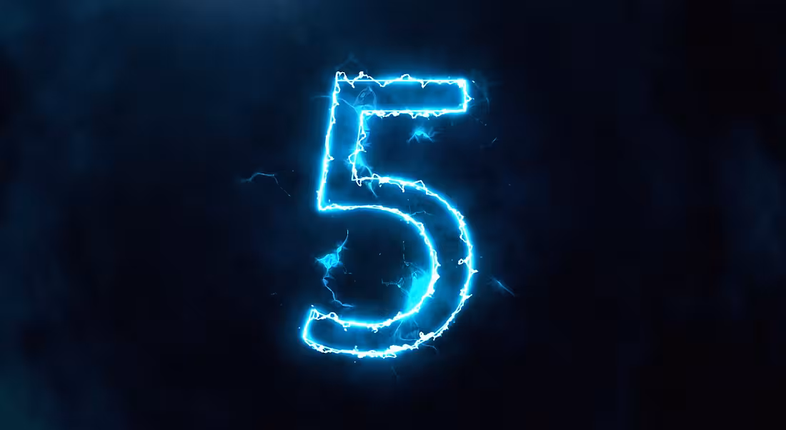 The number five outlined in blue flame against a dark background.