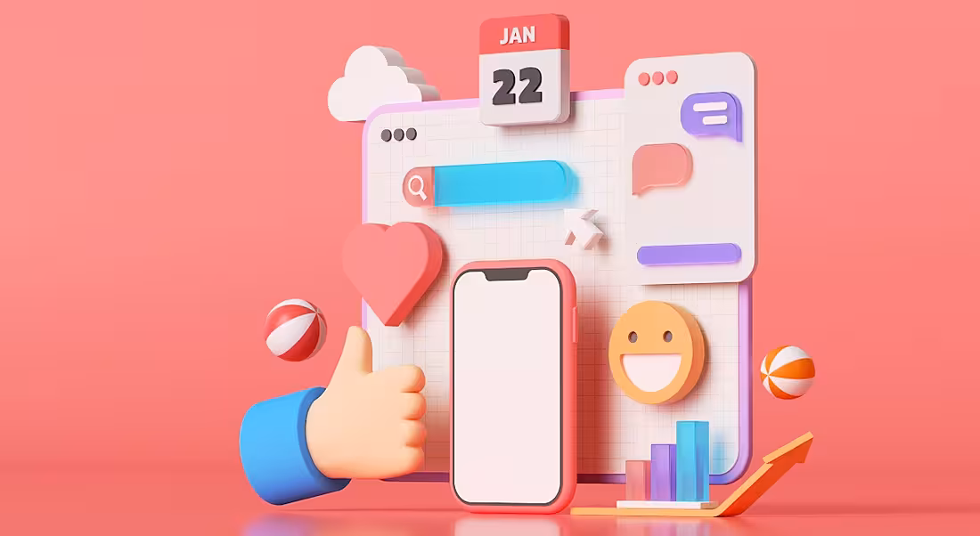 3D Social media platform, online social communication applications concept, emoji, webpage, search icons, chat and chart with smartphone background.