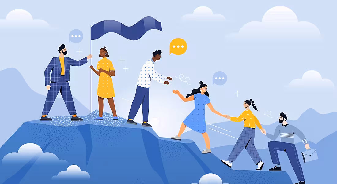 Motivate yourself and others at work concept cartoon showing a team of people climbing a mountain with flags.