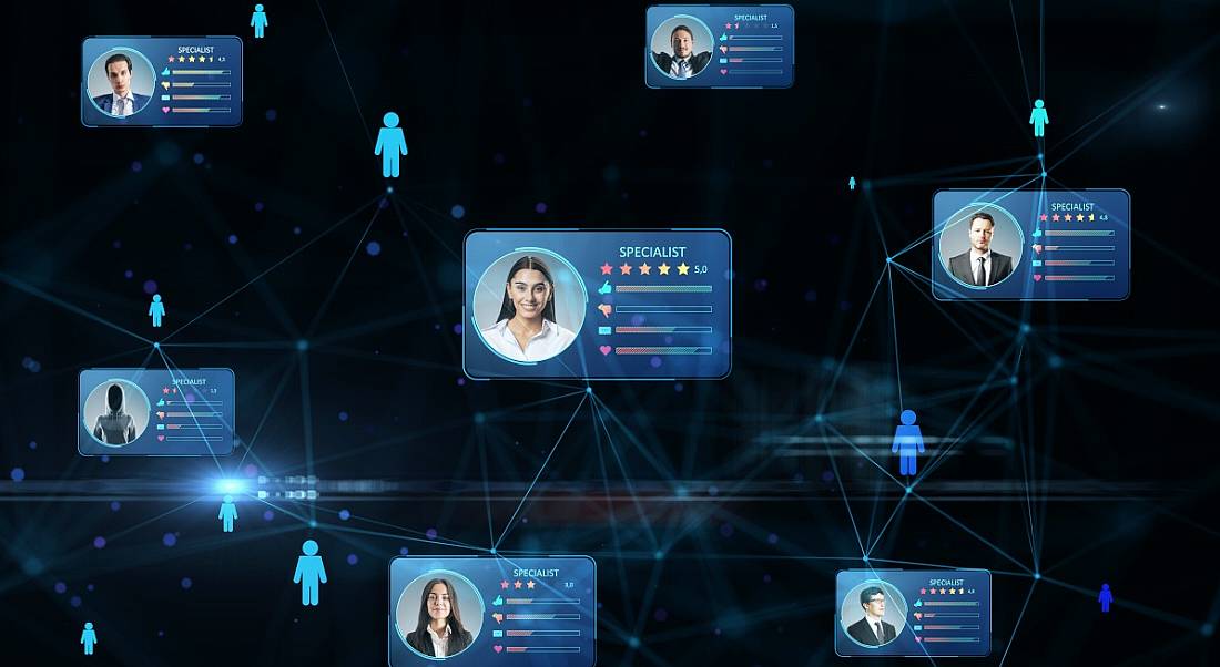 AI-powered CV screening tool showing candidate profiles floating on a screen in blue against a dark background.