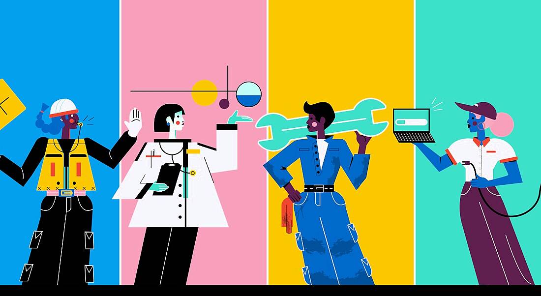 Cartoon of women working in STEM careers on a brightly coloured striped background.