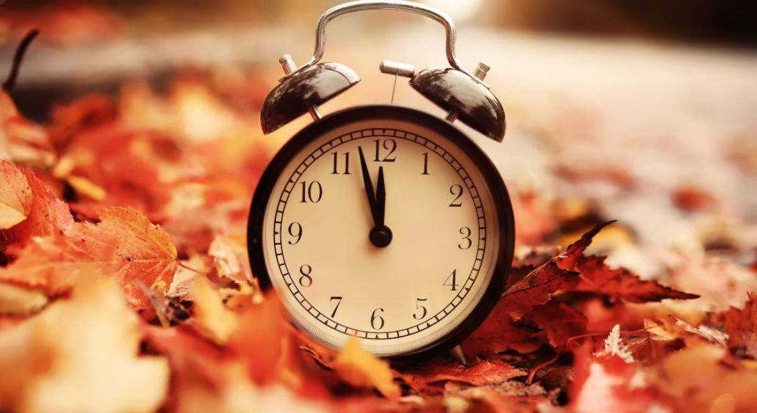 An old-fashioned alarm clock sits on a path covered in red and orange autumn leaves.