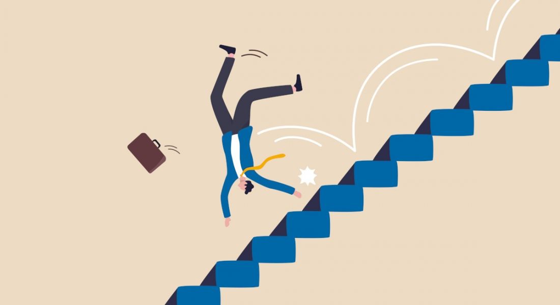 An illustration of a man falling down some stairs, with his briefcase flying in a different direction. This symbolises workplace health and safety.