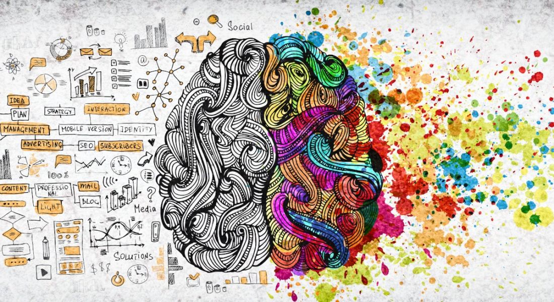 Brainstorming illustration showing an ink drawing of the brain with colours on one side and an orderly chart on the other side.