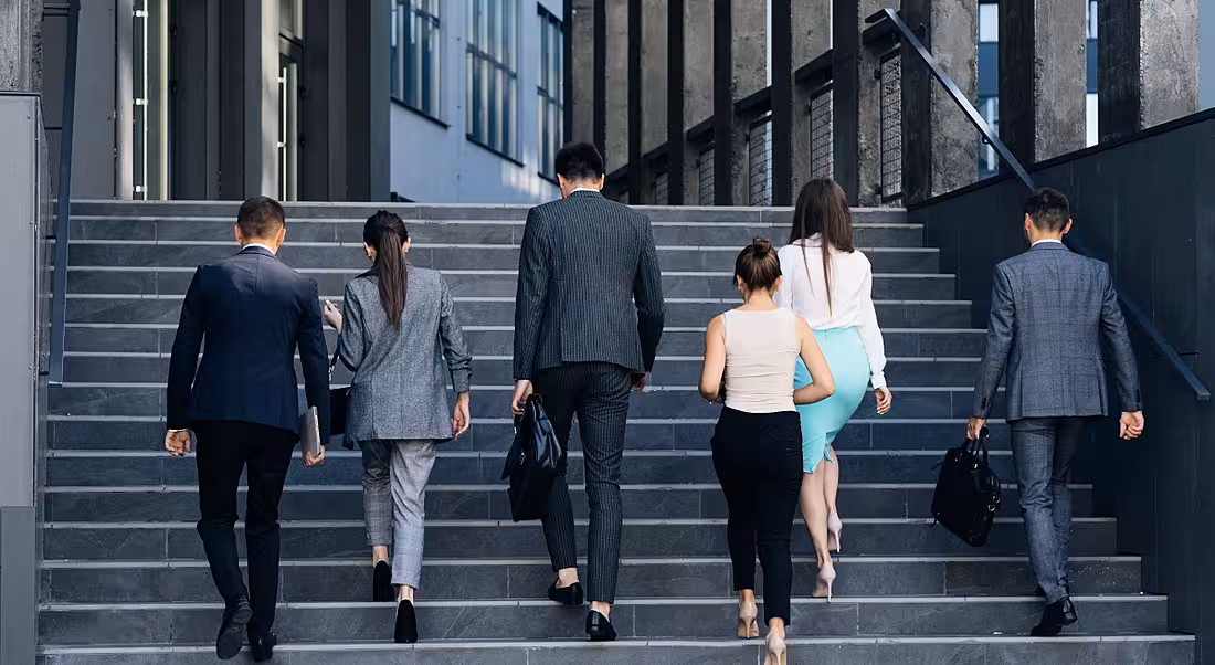 Employees making the return-to-office journey walking up a set of steps to a building.