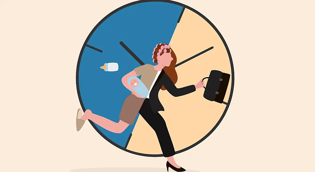 An illustration of a woman running against a clock that is split by two different coloured halves. Half of the woman is dressed as a mother holding a baby, while the other half is dressed as a business professional wearing a suit and carrying a suitcase.