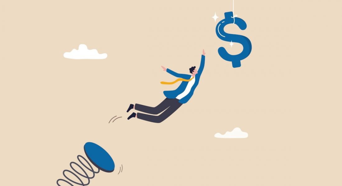 A cartoon showing an employee jumping off a spring trying to catch a dollar sign floating in the air in a pay raise concept.