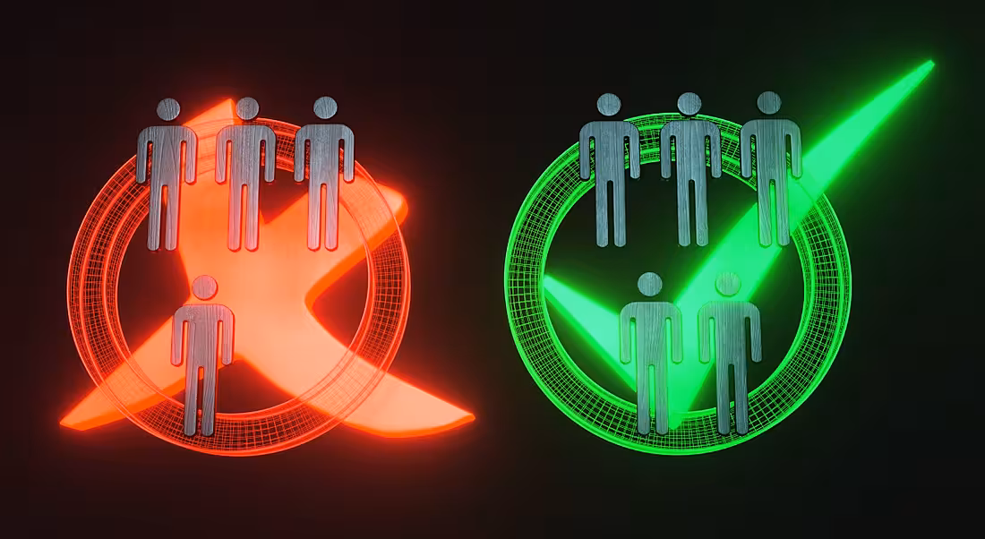 Figures grouped into categories according to whether they are accepted or rejected. The accepted figures have a large green tick behind them while the rejected ones have a large red x behind them.
