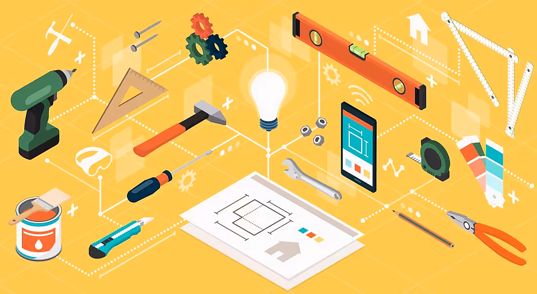 Cartoon showing various tools that might be used by engineers and builders and DIY fans. They are on a yellow background.