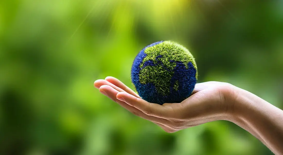 A person's hand holding a globe Earth made out of grass with green leaves in the background.