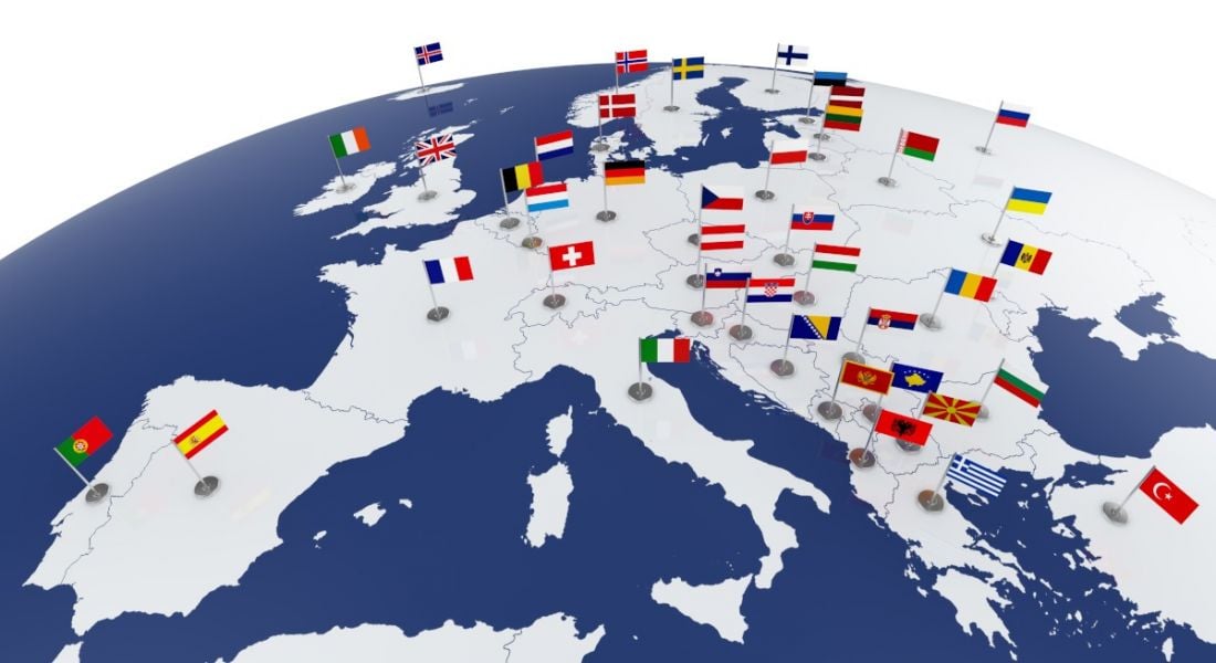 Map of Europe showing European flags, including the Ireland flag.