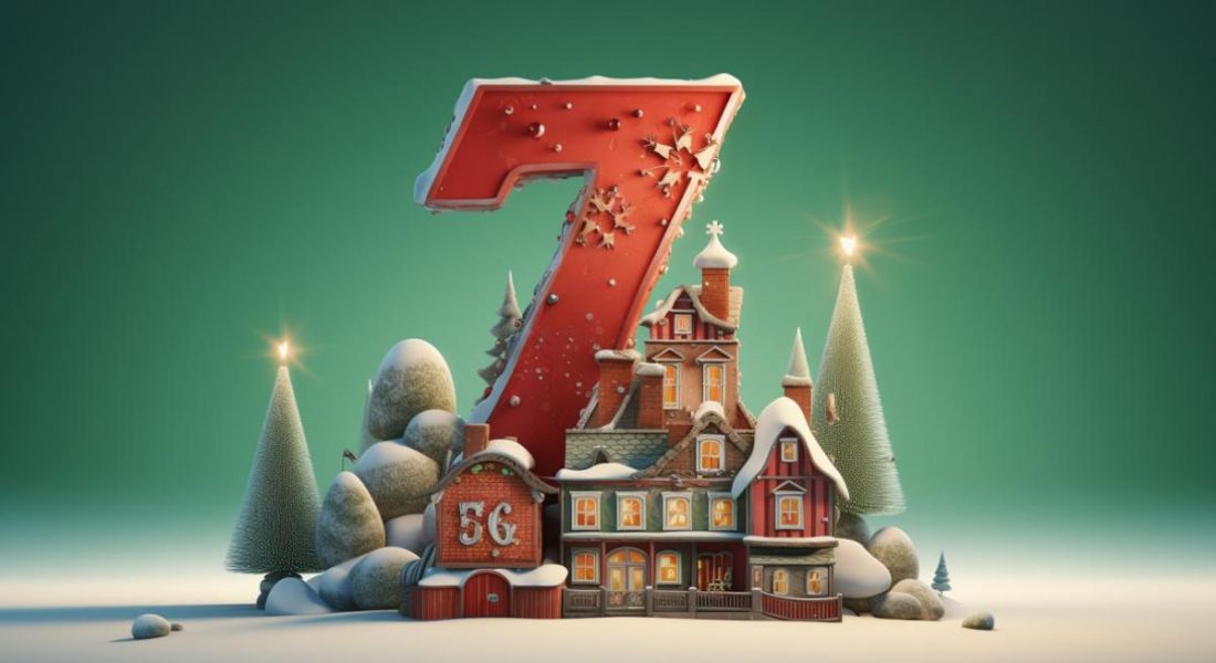 The number seven with a Christmassy, festive scene around it on a green background.