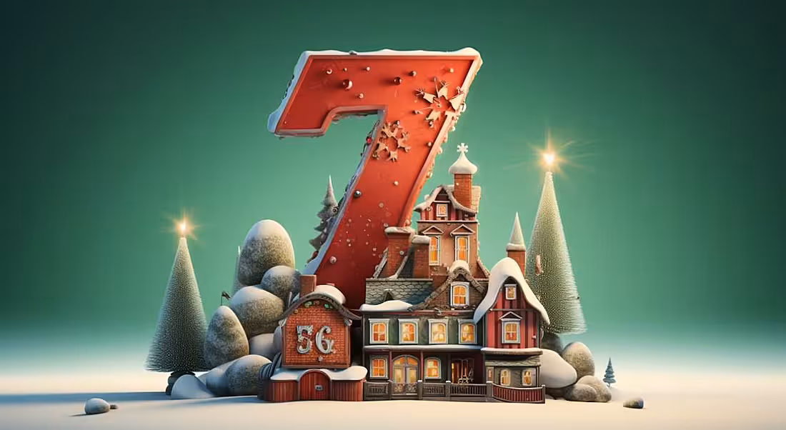 The number seven with a Christmassy, festive scene around it on a green background.