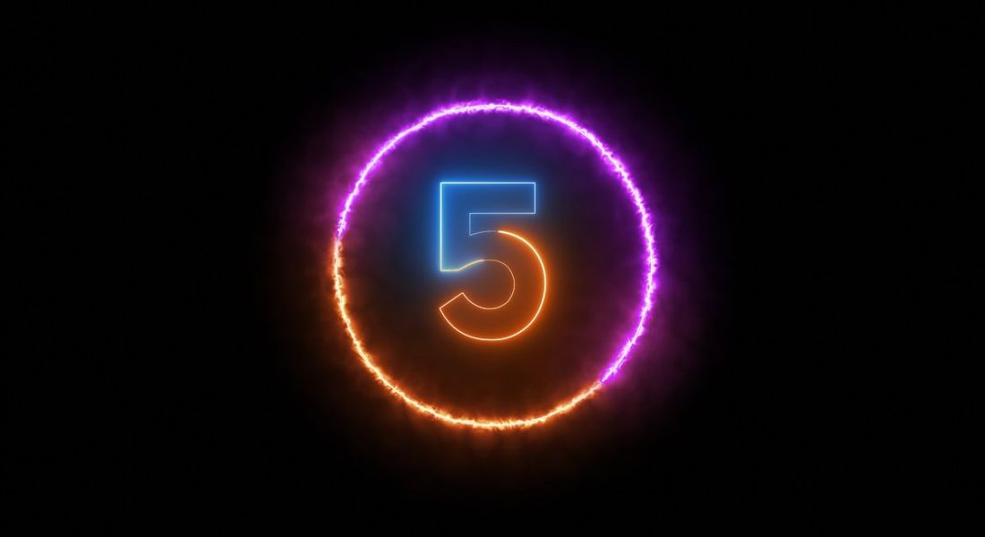 A digital image of the number five where the outline is glowing with half blue and half orange neon light. There is a circle around the five that is also glowing orange and purple. The background is black.