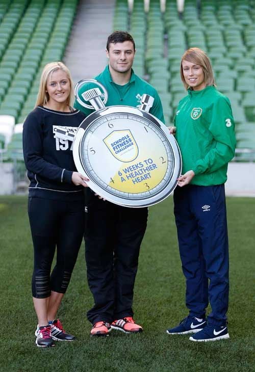 Sarah Lavin, Robbie Henshaw and Stephanie Roche pictured launching the Aviva Health Schools Fitness Challenge 2015.