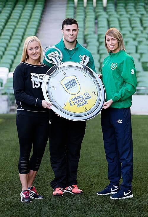 Sarah Lavin, Robbie Henshaw and Stephanie Roche pictured launching the Aviva Health Schools Fitness Challenge 2015.