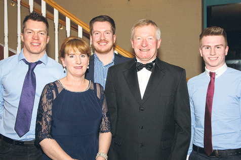 noured: Christy Mullins, West Cork Sports Star Hall of Fame inductee, pictured with Frances OSullivan, Gavin Mullins, Ray Mullins and Peter Cronin at the sports awards night in the Celtic Ross Hotel on Saturday.    