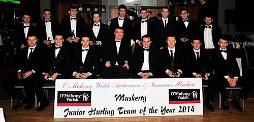 The Muskerry Junior Hurling Team of 2014 pictured with JJ Long, Muskerry GAA Chairman, and Barry Walsh, of sponsors OMahony, Walsh Auctioneers and Insurance Brokers.