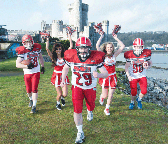 Ready for kick off: Cheerleaders Chloe Lynch and Kate Cummins, and Harris Monagan, Stuart Donaldson and Luke OCallaghan pictured at Blackrock Castle for the launch of The Cork Admirals annual Super Bowl party, which will be held in Dolphin RFC on Super 