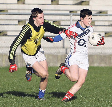 Battle for places: Darren Santry holds off the challenge of Johnny Deasy during Clonakilty Community College training in Ahamilla last Saturday morning. 
