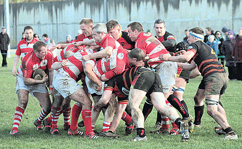 PUSH! With Skibbereens Kieran Shannon acting as a ball carrier, the maul attempts to advance goalwards while the Old Christians defence attempts to slow everything down this Munster Junior League game on Sunday.