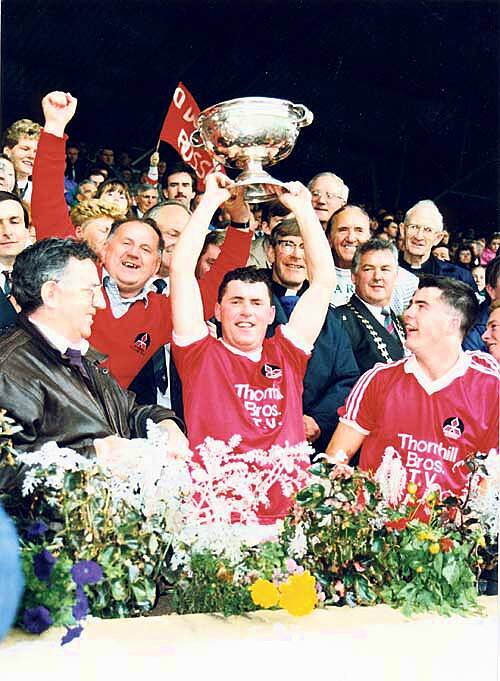 Legend: Mick McCarthy celebrates after ODonovan Rossa won the 1992 Cork SFC.