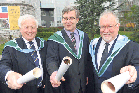 After receiving their honorary MScs were, from left Brian Farrell, from Dingle; Mark Boyden of Coomhola Salmon Trust, and Kevin Flannery of Dingle Oceanworld.