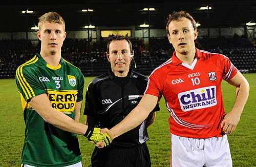 Captains Gavin Crowley (Kerry) and Brian ODriscoll (Cork) with referee Derek OMahoney before the EirGrid Munster U21 FC semi-final.