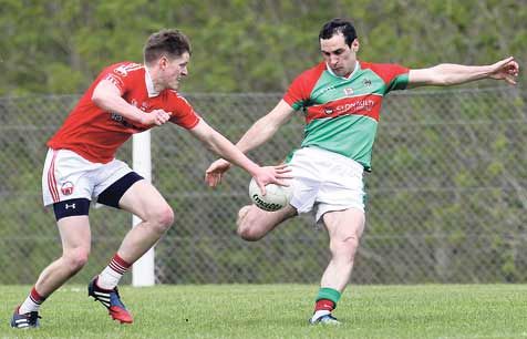 Hands on: ODonovan Rossas Donal Óg Hodnett blocks a shot from Clonakiltys Dave ORegan during the Cork SFC round two game at Rosscarbery on Sunday.    