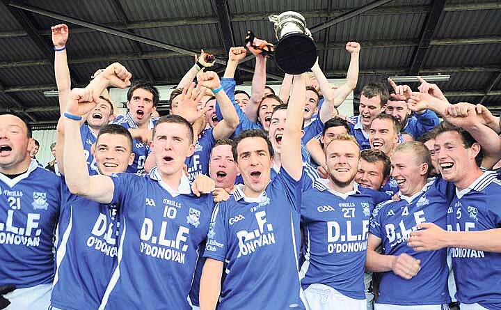 Boys in blue! Kilmeen celebrate their emphatic victory over Grange in the county junior B football  championship final at Páirc Uí Rinn.