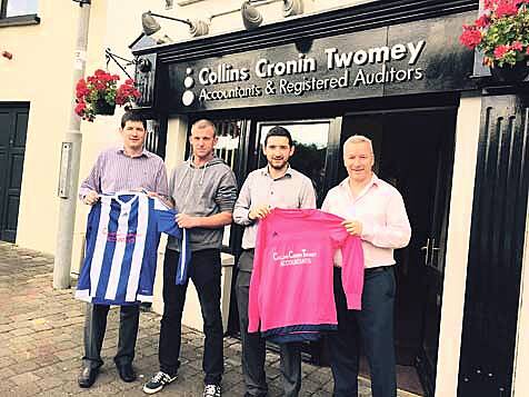 New beginnings: New West Cork League Division 2 team Spartak Mossgrove will be sponsored by Collins Cronin Twomey Accountants and Registered Auditors, Innishannon. Pictured, from left, Sean Twomey, sponsor, Bernard OCallaghan and Cian Twomey, and Brian C