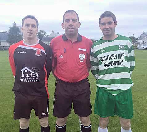 Keith Jagoe, captain of Drinagh Rangers, Patrick Hurley, referee, and Jerry McCarthy captain of Dunmanway Town prior to Thursday night