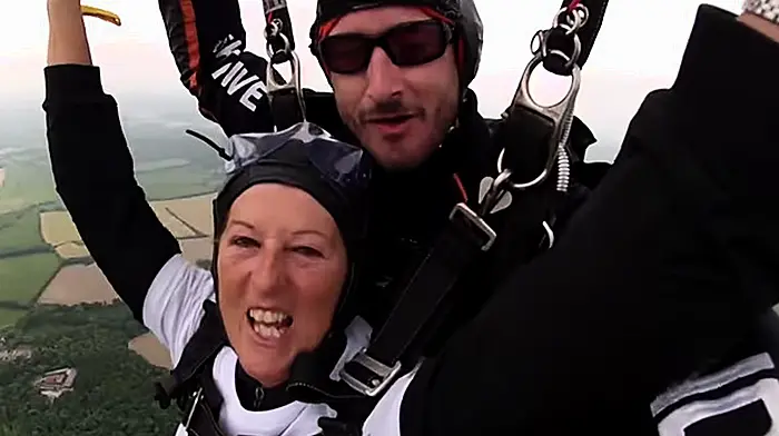 VIDEO: Watch West Cork woman Pat Crowley doing a skydive in aid of Cope and CoAction Dunmanway Image