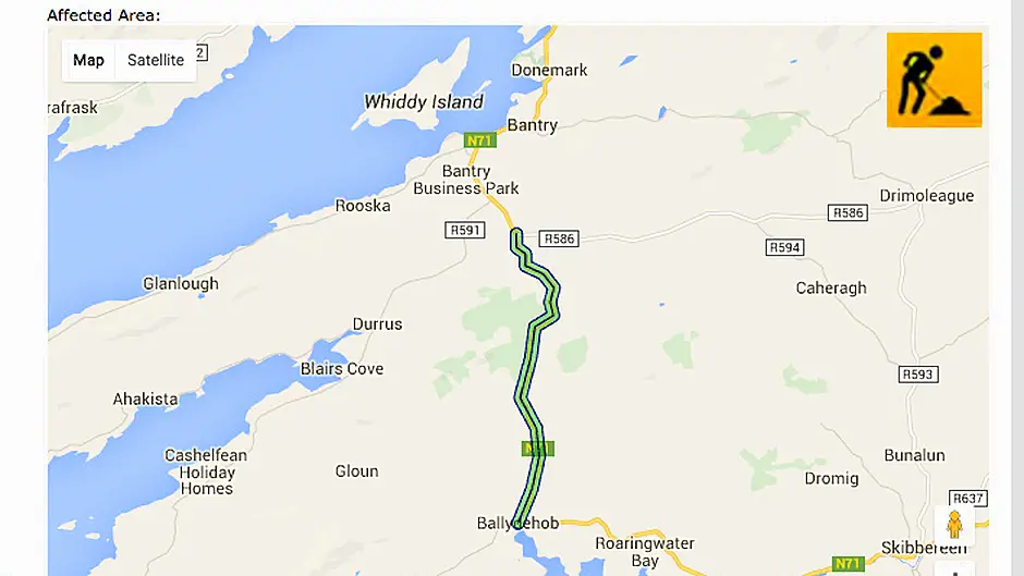 Diversions in place via Caheragh as N71 Ballydehob towards Bantry is closed this week Image Diversions in place via Caheragh as N71 Ballydehob towards Bantry is closed this week Image