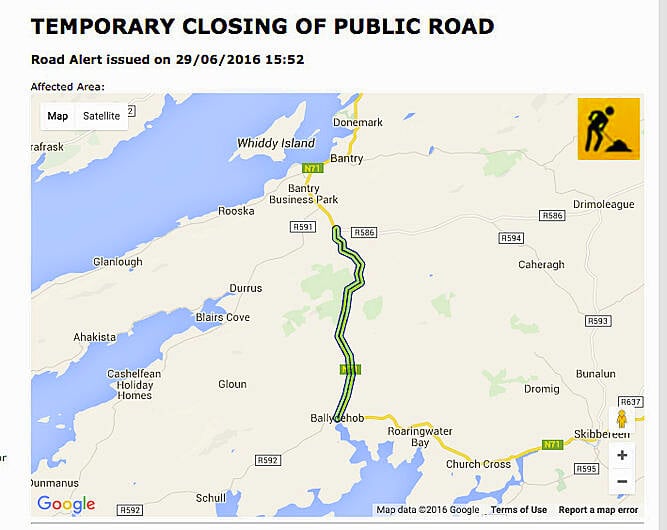 Diversions in place via Caheragh as N71 Ballydehob towards Bantry is closed this week Image