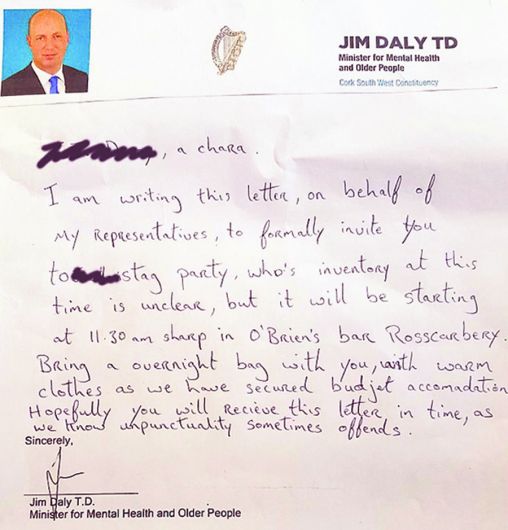 Minister Daly denies writing ‘stag' invite Image