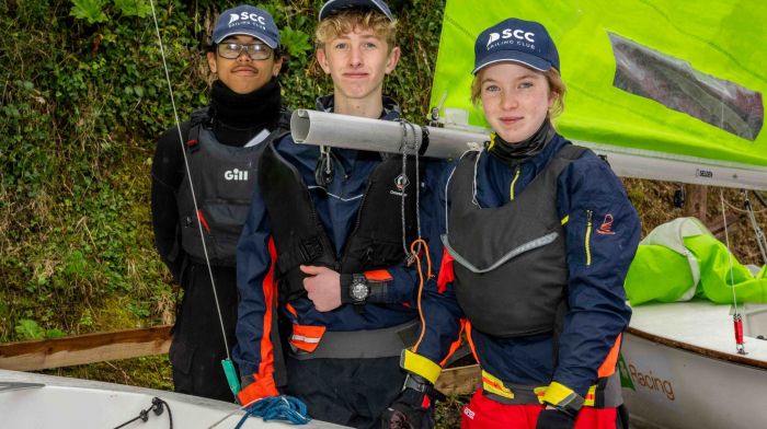 Fionn Keogh, Dylan O'Driscoll and Emily Drinan from Schull Sailing Club preparing to take part in the ISTRA Munster provincial schools team racing championships in Bantry.   (Photo: Andy Gibson)